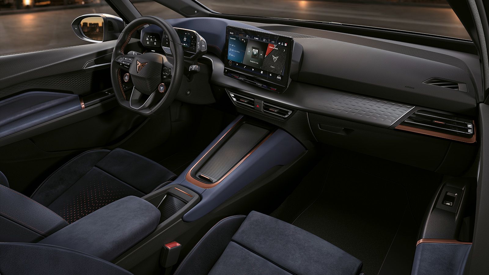 CUPRA Born interieur dashboard, multifunctioneel stuur en infotainmentsysteem