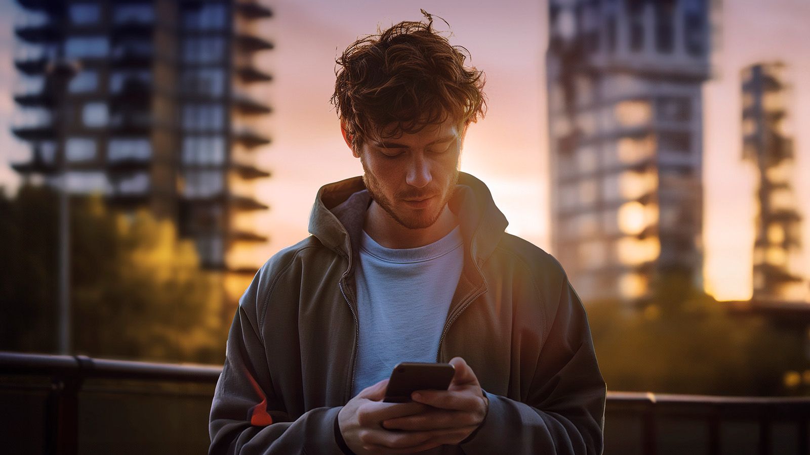 Man met smartphone in zijn handen, terwijl hij de My CUPRA app bedient.