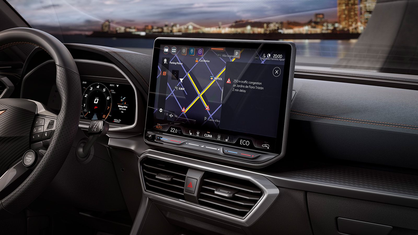 Interieur van een nieuwe CUPRA Leon met het infotainmentsysteem