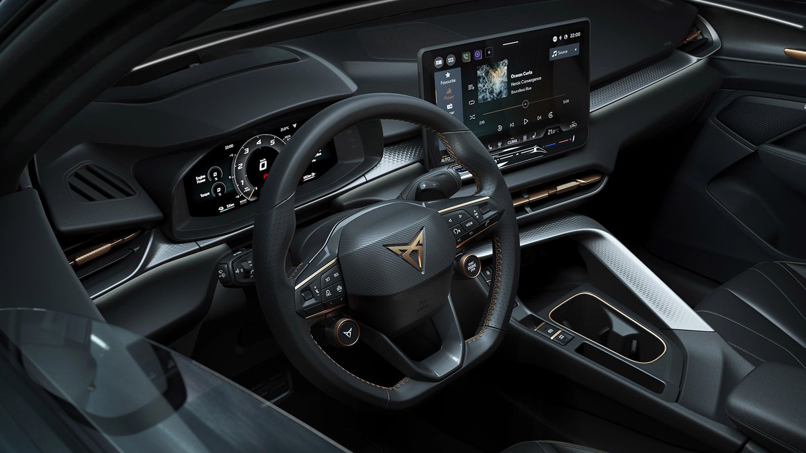 Het verwarmbare en met leder bekleedde sportstuur in het interieur van de nieuwe CUPRA Terramar plug-in hybride SUV