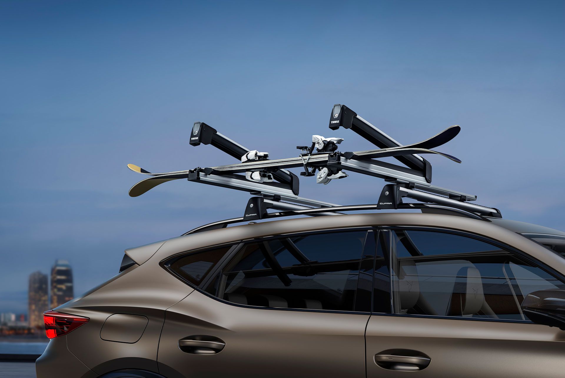 New CUPRA Formentor 2024 in century bronze with thule ski rack extender.