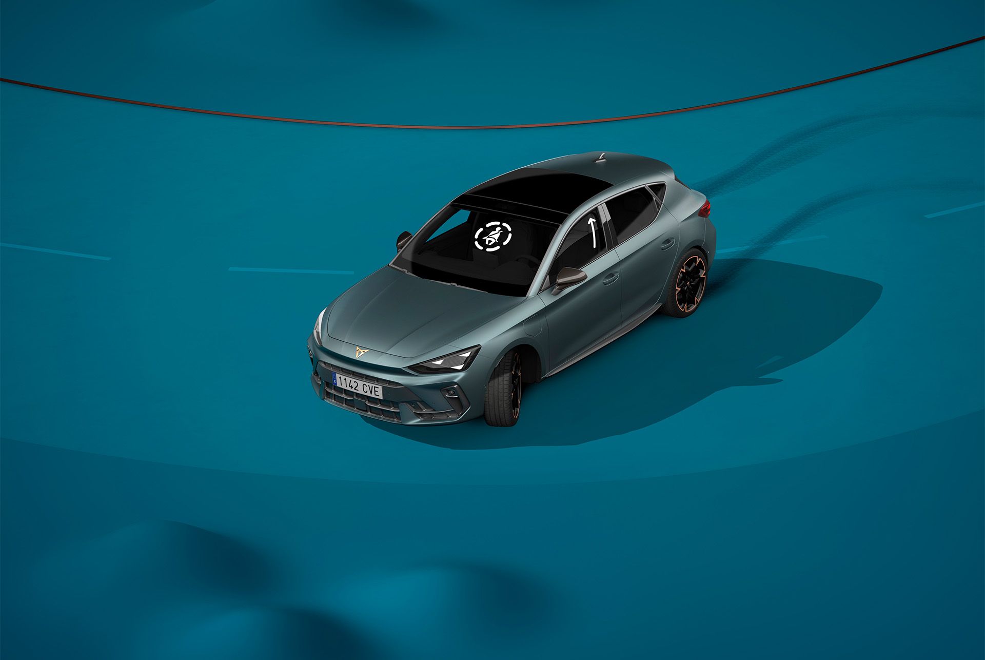 Nieuwe Cupra Leon 2024, nieuwe pre-crash veiligheidstechnologie, blauwe achtergrond en visuele demo.