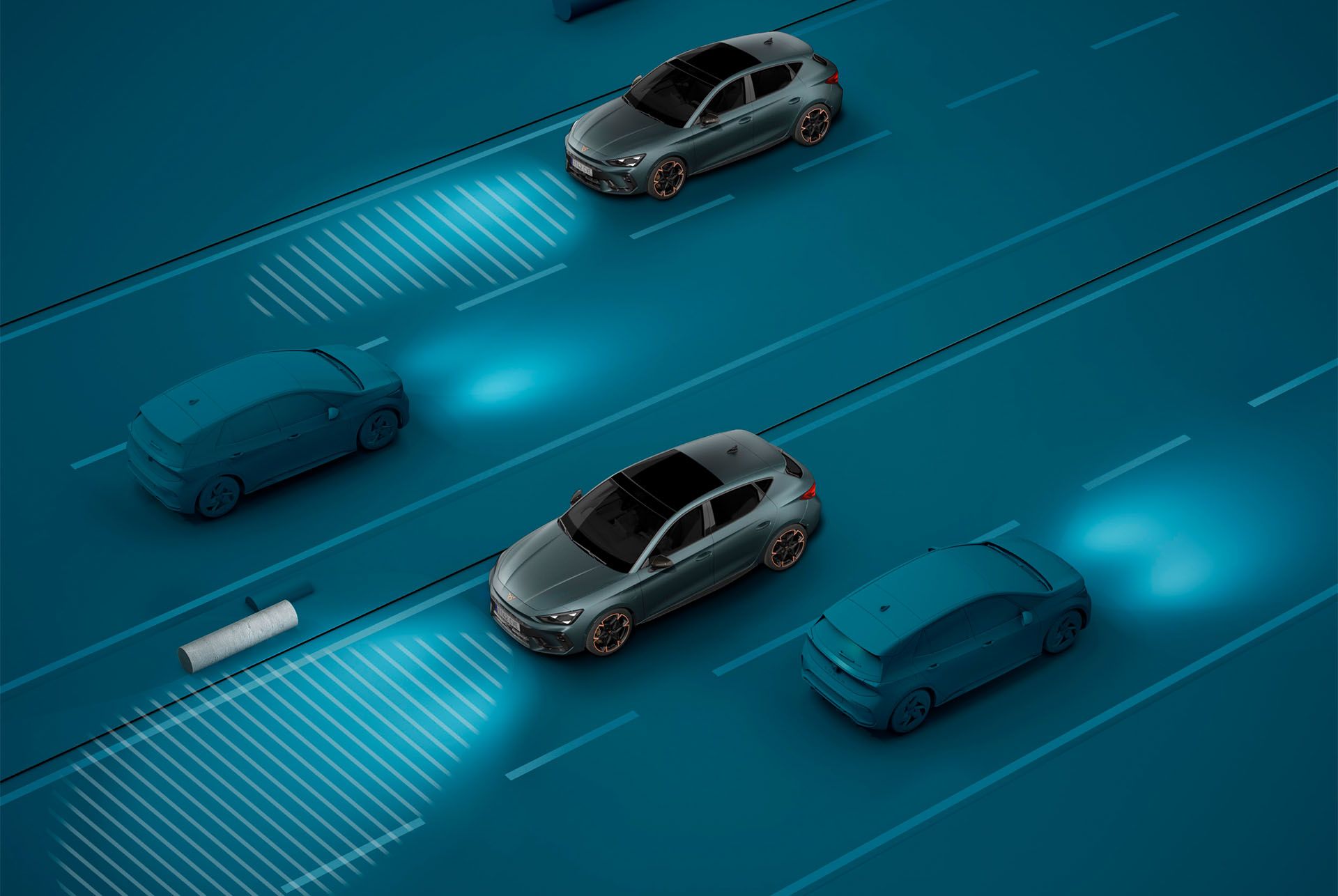 Hoe de nieuwe Cupra Leon 2024 Light Assist-technologie te gebruiken, demo met blauwe achtergrond.