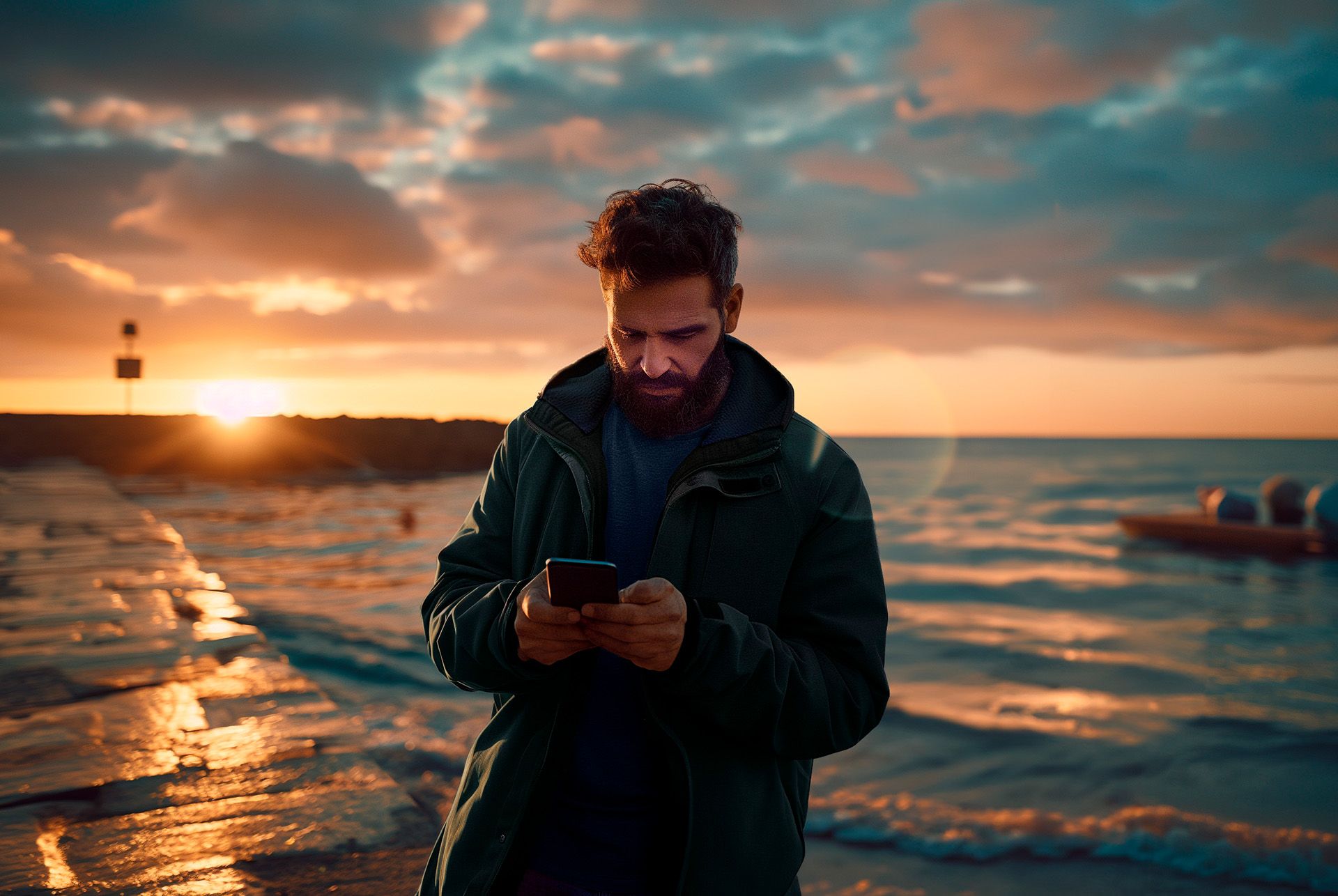 Man bij de kust met zijn smartphone en de My CUPRA app